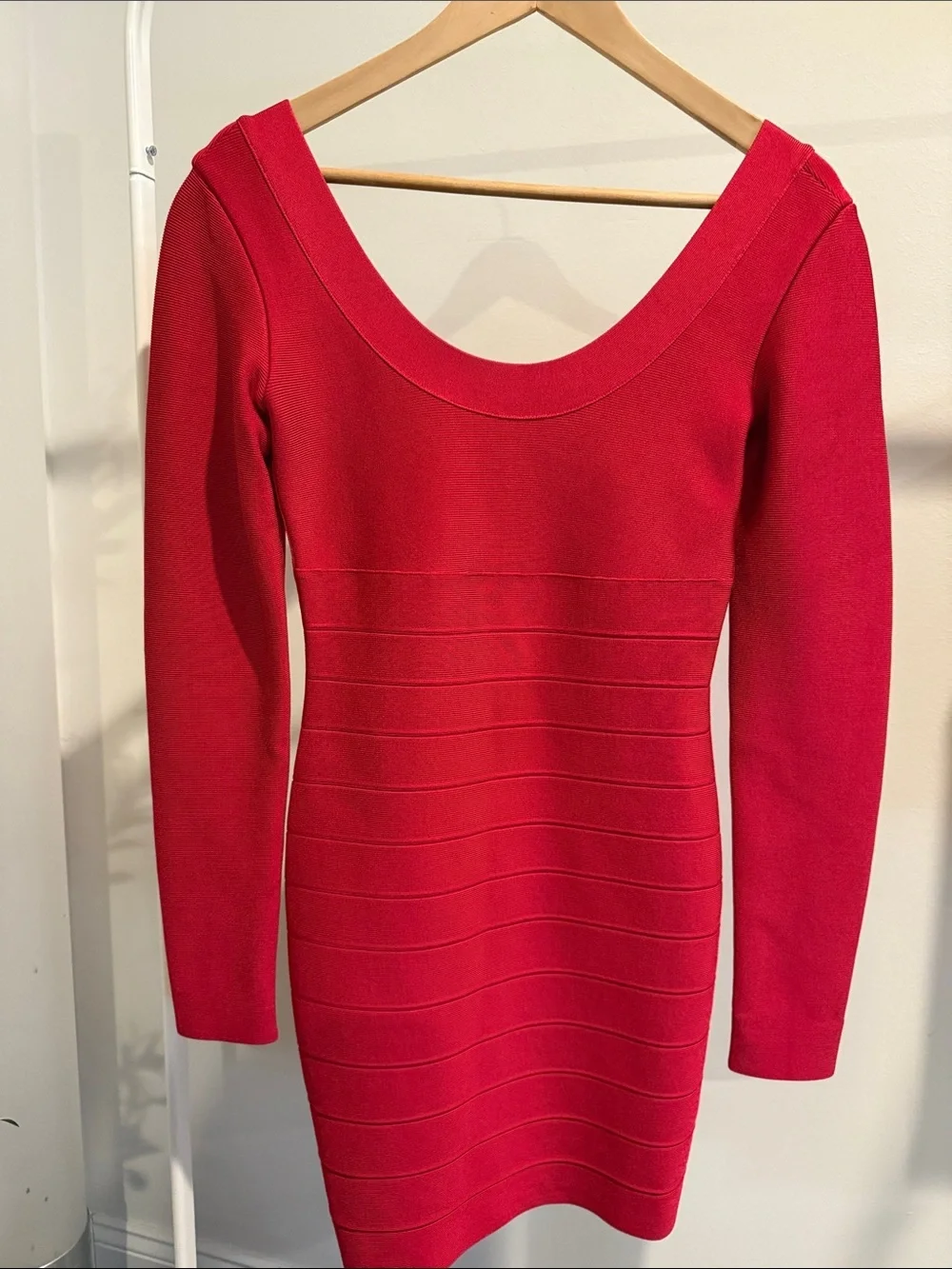 Herve Leger Paris Raspberry Red Long Sleeve Striped Scoop Neck Dress M